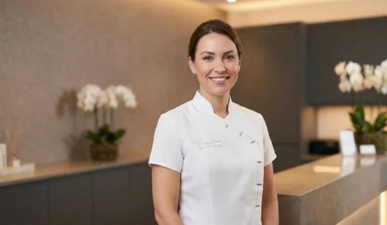 Portrait d'une esthéticienne confiante et souriante en blouse blanche, posant dans un institut de beauté moderne au design luxueux.