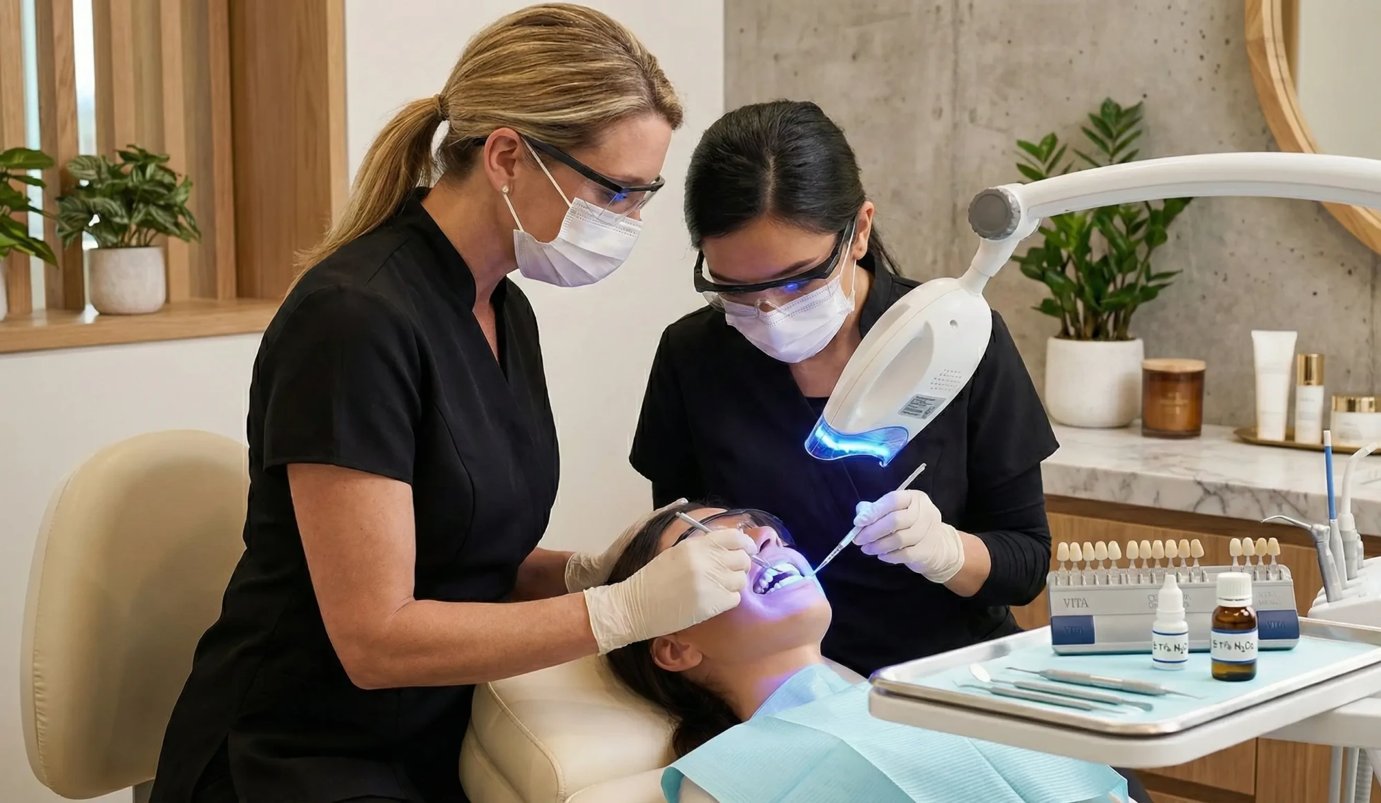 Pratique supervisée blanchiment dentaire — Application gel sur modèle réel formation Maison Éclat