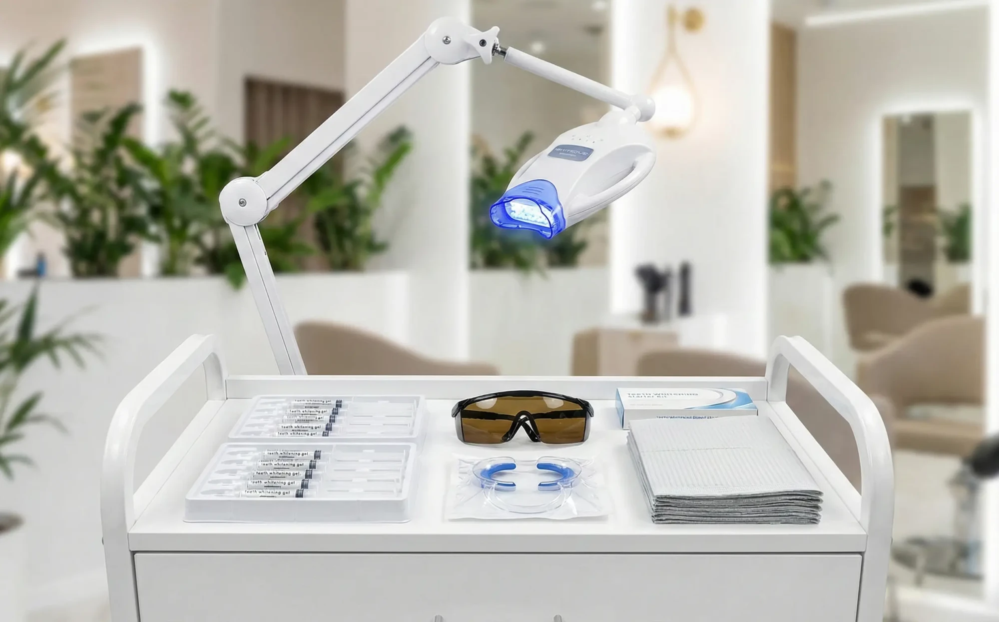 Kit matériel professionnel formation blanchiment dentaire — Lampe LED, gels 0.1% et accessoires hygiène inclus